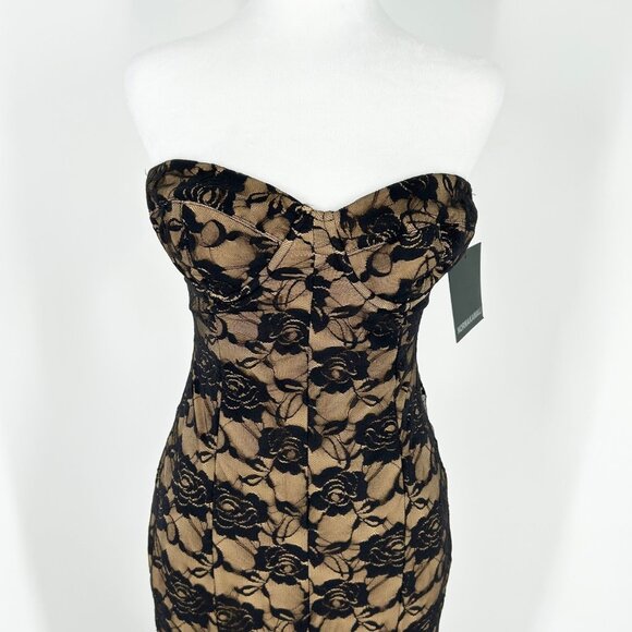 NWT Norma Kamali Strapless Lace Corset Fishtail Gown in Black Roses/Nude - Picture 5 of 11